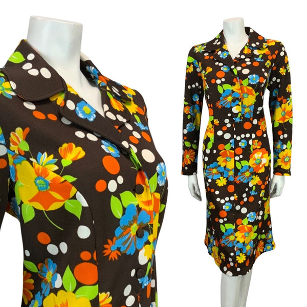 VTG 60s 70s BROWN ORANGE YELLOW FLORAL SPOTTY PSYCHEDELIC MOD SHIRT DRESS 14