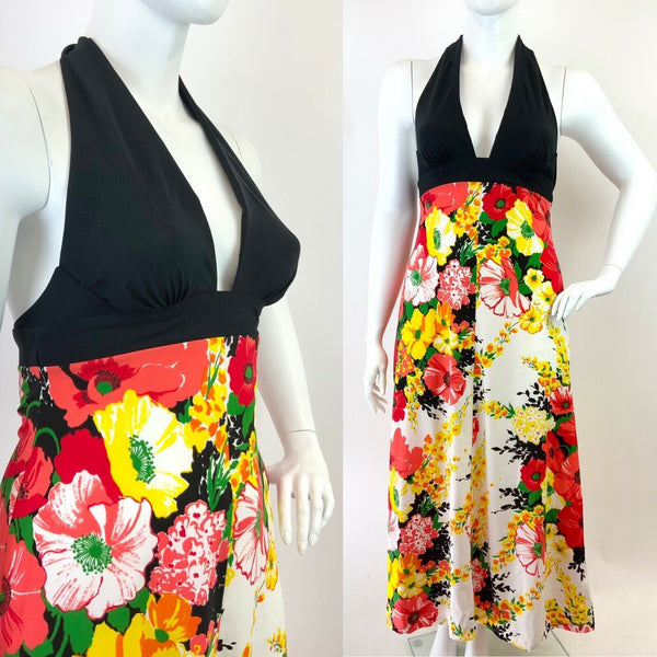 VINTAGE 60s 70s BLACK WHITE YELLOW RED FLORAL PLUNGING HALTER MAXI DRESS 14