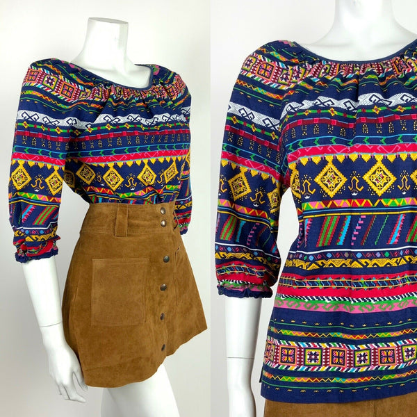 VTG 60s 70s BLUE YELLOW PINK AZTEC PSYCHEDELIC GEOMETRIC TRIBAL BLOUSE TOP 10 12