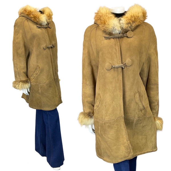VINTAGE 60s 70s LIGHT BROWN SUEDE HOODED BOHO TENT FLARED SHEARLING COAT 14 16