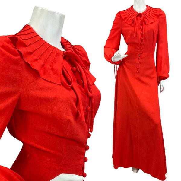 VINTAGE 60s 70s RED RUFFLE EVENING PARTY MOD BOHO VERA MONT  MAXI DRESS 10