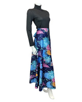 VINTAGE 70s BLUE PINK YELLOW PSYCHEDELIC FLORAL WRAP MAXI SKIRT 12 14