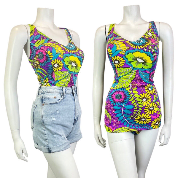 VINTAGE 60s 70s PURPLE YELLOW BLUE PSYCHEDELIC FLORAL SKIRTED SWIMSUIT 16 18