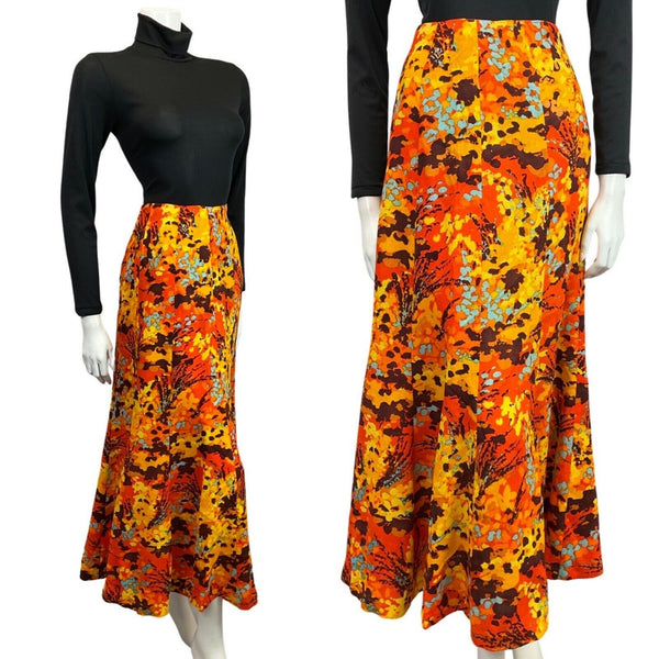 VINTAGE 70s ORANGE YELLOW BROWN PSYCHEDELIC FLORAL FLARED MAXI SKIRT 6