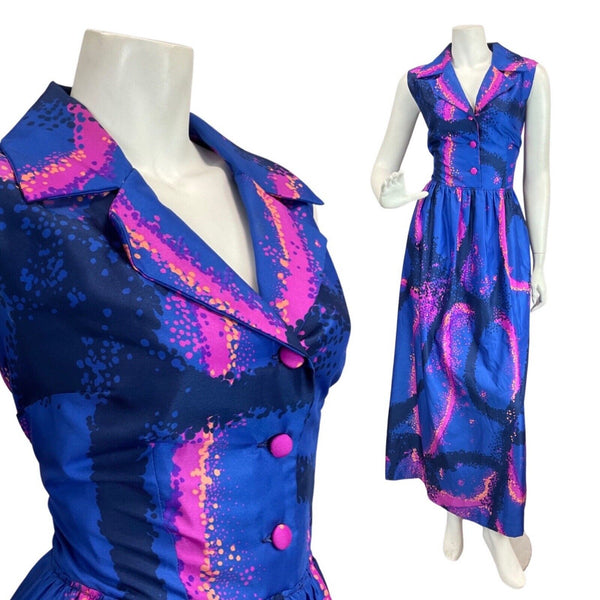 VINTAGE 60s 70s ROYAL BLUE PINK PSYCHEDELIC SPRAY PAINT MOD SHIRT MAXI DRESS 12