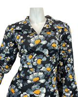 VINTAGE 60s 70s BLACK GREY YELLOW FLORAL PSYCHEDELIC MOD SHIRT MAXI DRESS 12