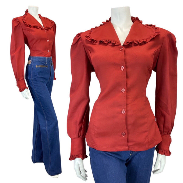 VINTAGE 60s 70s CHERRY RED RUFFLED FITTED BLOUSE SHIRT 14 16