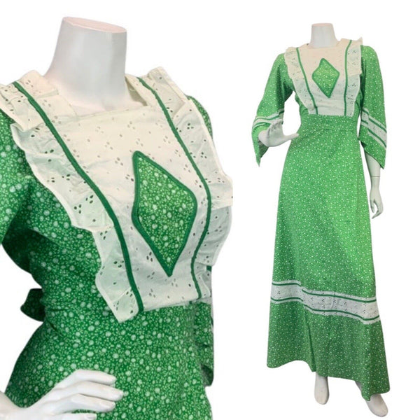 VINTAGE 60s 70s APPLE GREEN WHITE FLORAL DITSY LACE BOHO PRAIRIE MAXI DRESS 8 10