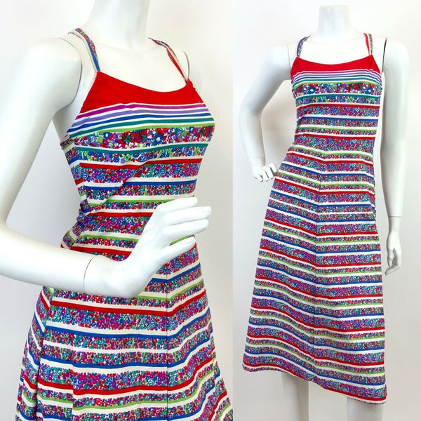 VINTAGE 60s 70s WHITE RED BLUE GREEN DITSY FLORAL STRIPED STRAPPY SUNDRESS 4