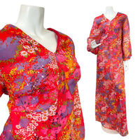 VINTAGE 60s 70s RED PURPLE WHITE DITSY FLORAL PSYCHEDELIC SHEER MAXI DRESS 16 18