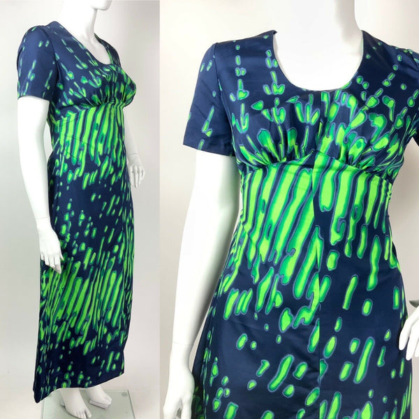 VINTAGE 60s 70s NAVY BLUE NEON LIME GREEN PSYCHEDELIC STRIPED MAXI DRESS 16 18