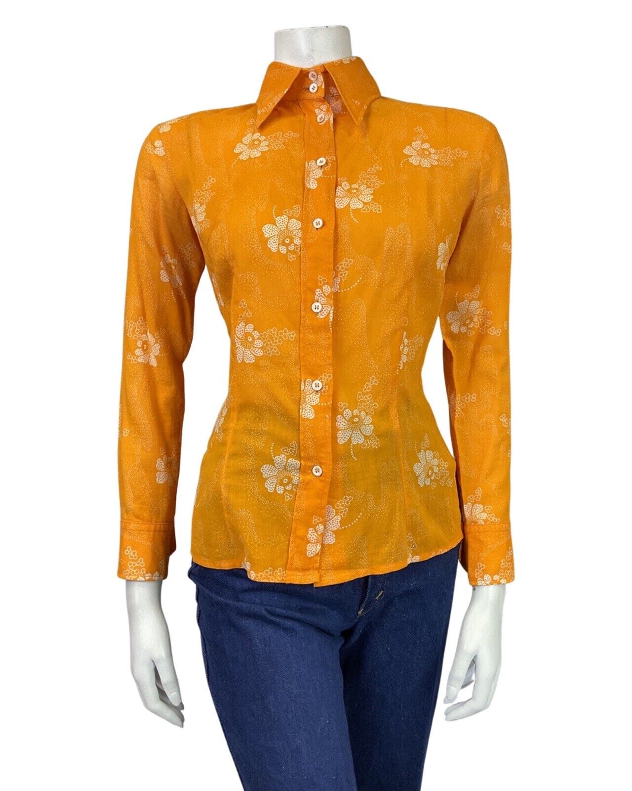 VINTAGE 60s 70s BRIGHT ORANGE WHITE FLORAL DOTTY MOD DAGGER COLLAR SHIRT 8 10