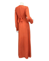 VINTAGE 60s 70s ORANGE CORAL FLOWER EMBROIDERY RUFFLE SLEEVE MAXI DRESS 8