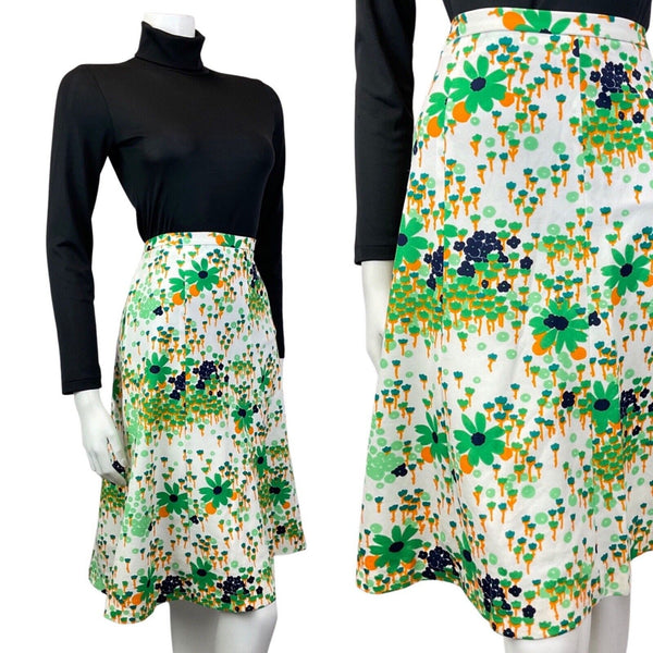 VTG 60s 70s WHITE GREEN YELLOW FLORAL PSYCHEDELIC MOD SWING SHORT SKIRT 12 14