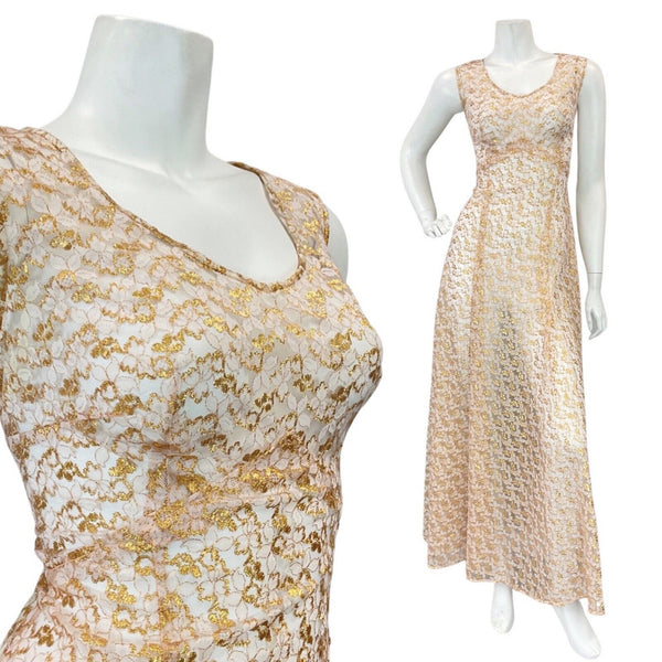 VINTAGE 60s 70s GOLD WHITE FLORAL LACE SHEER SLEEVELESS PARTY MAXI DRESS 8 10