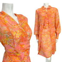 VTG 60s 70s ORANGE PINK YELLOW PSYCHEDELIC FLORAL SLEEVELESS DRESS BED COAT 12