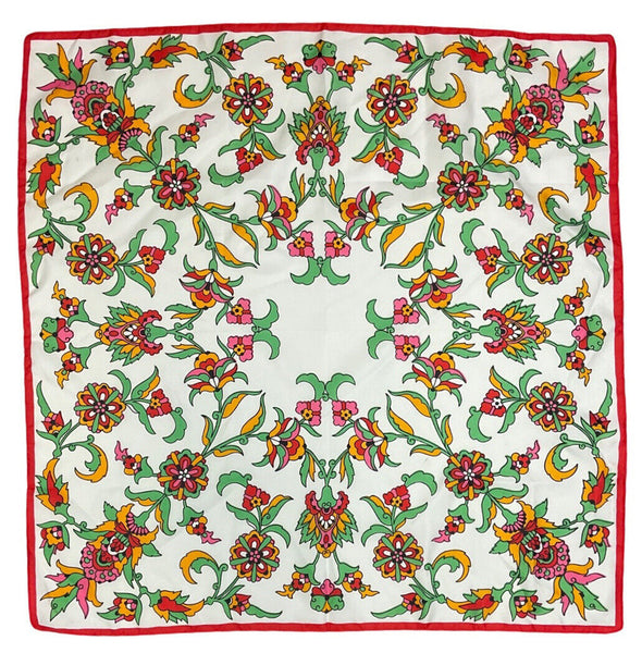 VINTAGE 60s 70s WHITE RED GREEN THISTLE FLOWER POWER MOD SQUARE SCARF