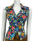 VTG 60s 70s BLUE YELLOW RED FLOWER PSYCHEDELIC BOHO BETTY BARCLAY WAISTCOAT 12