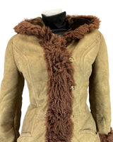 VINTAGE 60s 70s SOFT BROWN HOODED SUEDE PENNY LANE SHEARLING COAT 8 10