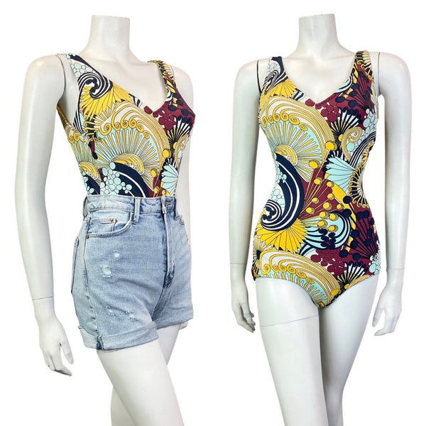VINTAGE 60s 70s BLUE YELLOW RED FLORAL PSYCHEDELIC FAN SWIMSUIT 8 10