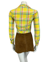 VTG 60s 70s YELLOW RED BLUE CHECKED WESTERN DAGGAR COLLAR CROPPED SHIRT 10 12