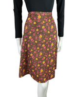 VINTAGE 60s 70s BROWN PINK YELLOW DOTTY FLORAL KNEE-LENGTH FLARED SKIRT 6