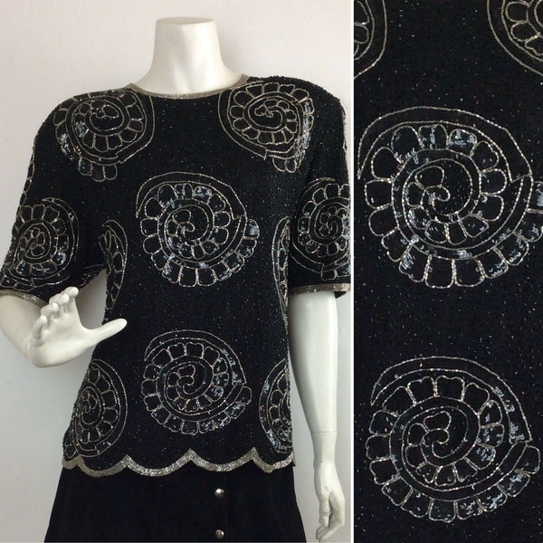 VINTAGE 80S BLACK SILVER BEAD ABSTRACT SWIRL PATTERN DISCO EVENING TOP 16 18