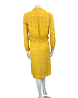 VTG MUSTARD YELLOW WHITE FLORAL PRINT TWO PIECE JACKET DRESS 60s 70s 10