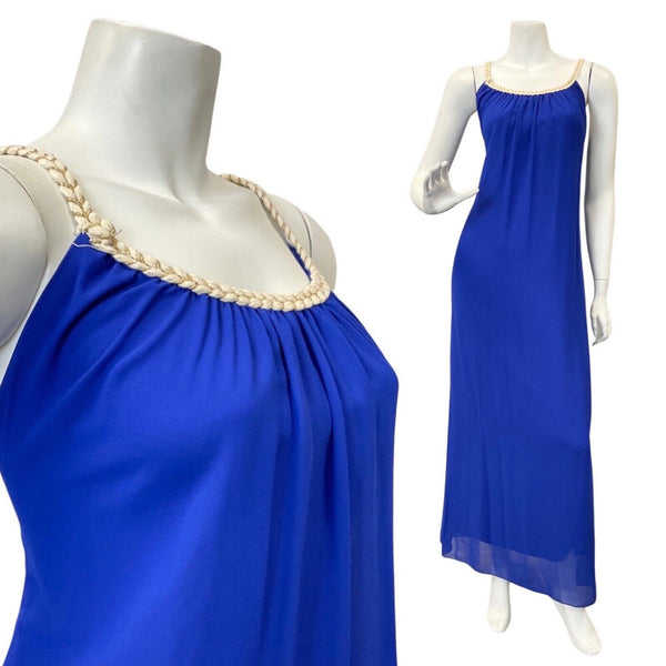 VINTAGE 60s 70s ROYAL BLUE CREAM GOLD BRAIDED STRAPPY SUMMER MAXI DRESS 14 16