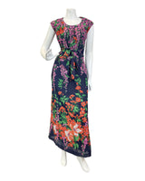 VINTAGE 60s 70s BLUE GREEN RED FLORAL WISTERIA SLEEVELESS MAXI DRESS 18