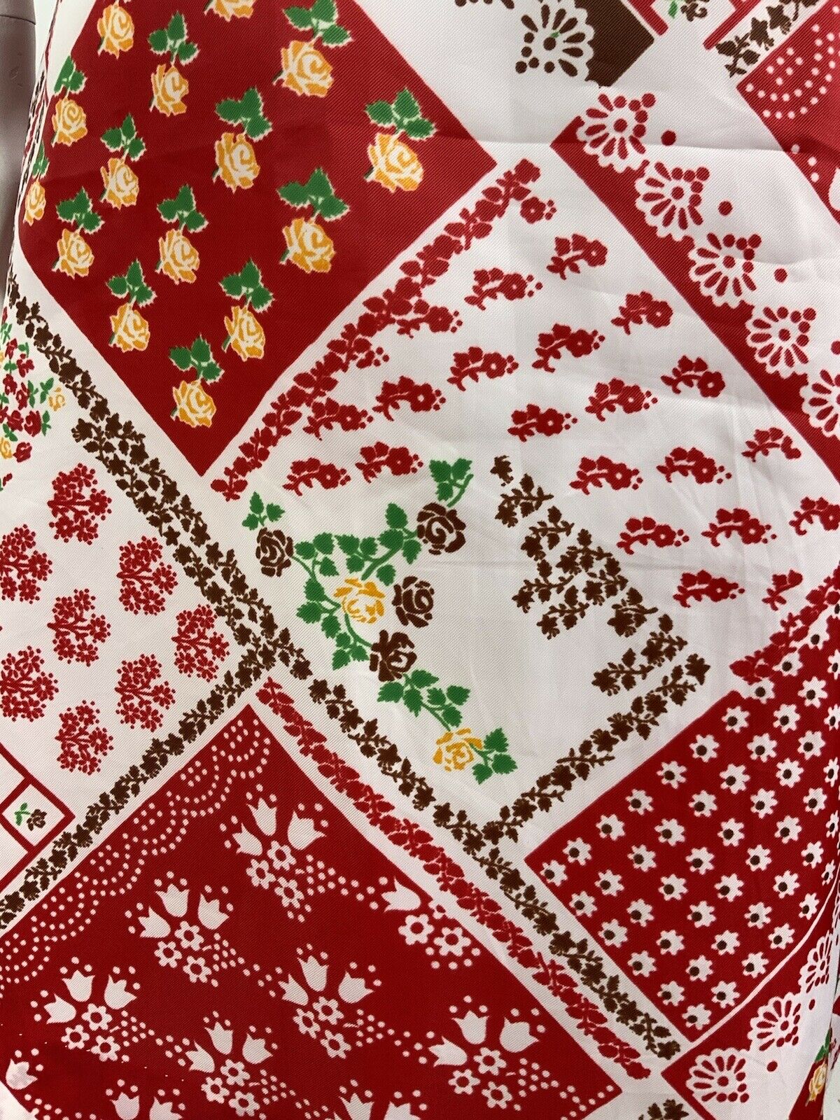 VTG 60s 70s RED WHITE GREEN FLORAL GYPSY PATCHWORK FOLK PUFF SLEEVE DRESS 12 14