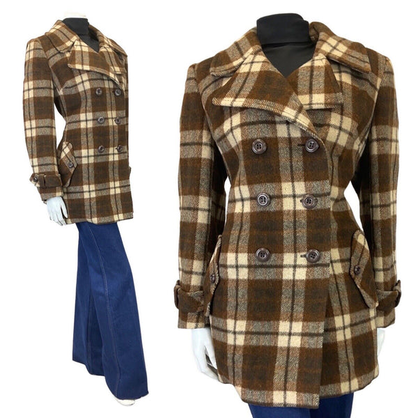 VINTAGE 60s 70s BROWN CREAM PLAID CHECKED MOD WOOL COAT 14 16