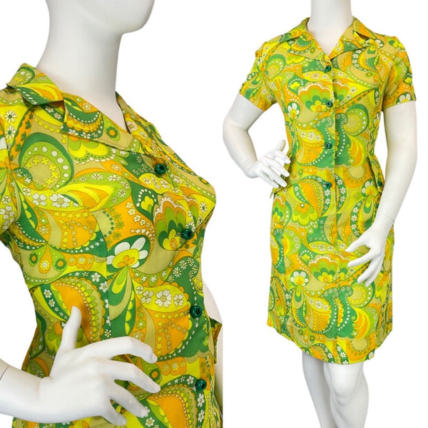 VINTAGE 60s 70s GREEN YELLOW ORANGE PSYCHEDELIC FLORAL SWIRL MOD SHIRT DRESS 16