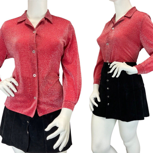 VINTAGE 60s 70s BRIGHT RED SILVER DISCO PARTY LUREX BLOUSE SHIRT 16 18