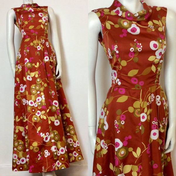VINTAGE 1970S RUST SATEEN ABSTRACT FLORAL PRINT MAXI DRESS 10 12