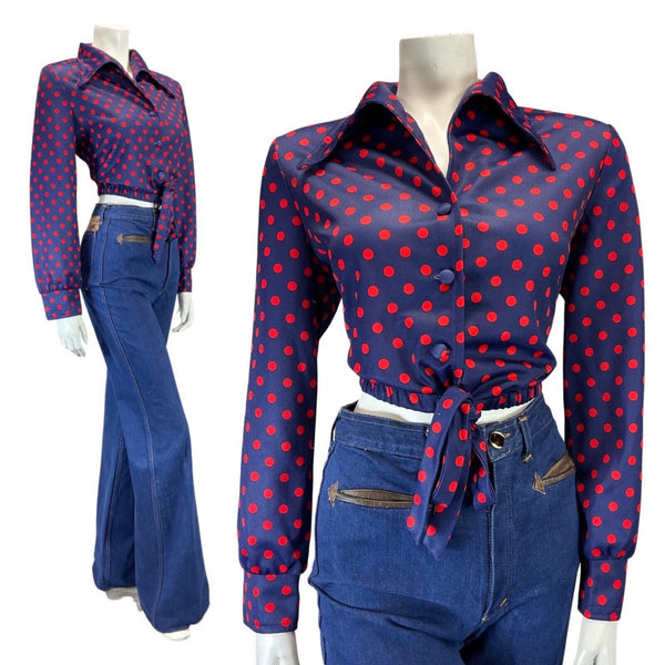 VINTAGE 60s 70s BLUE RED POLKA-DOT WING COLLAR CROPPED BLOUSE TOP 12