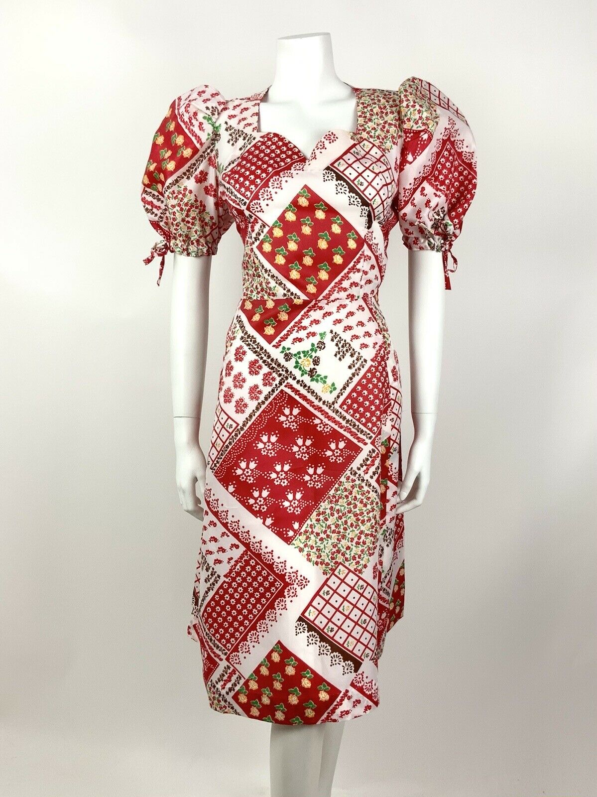 VTG 60s 70s RED WHITE GREEN FLORAL GYPSY PATCHWORK FOLK PUFF SLEEVE DRESS 12 14