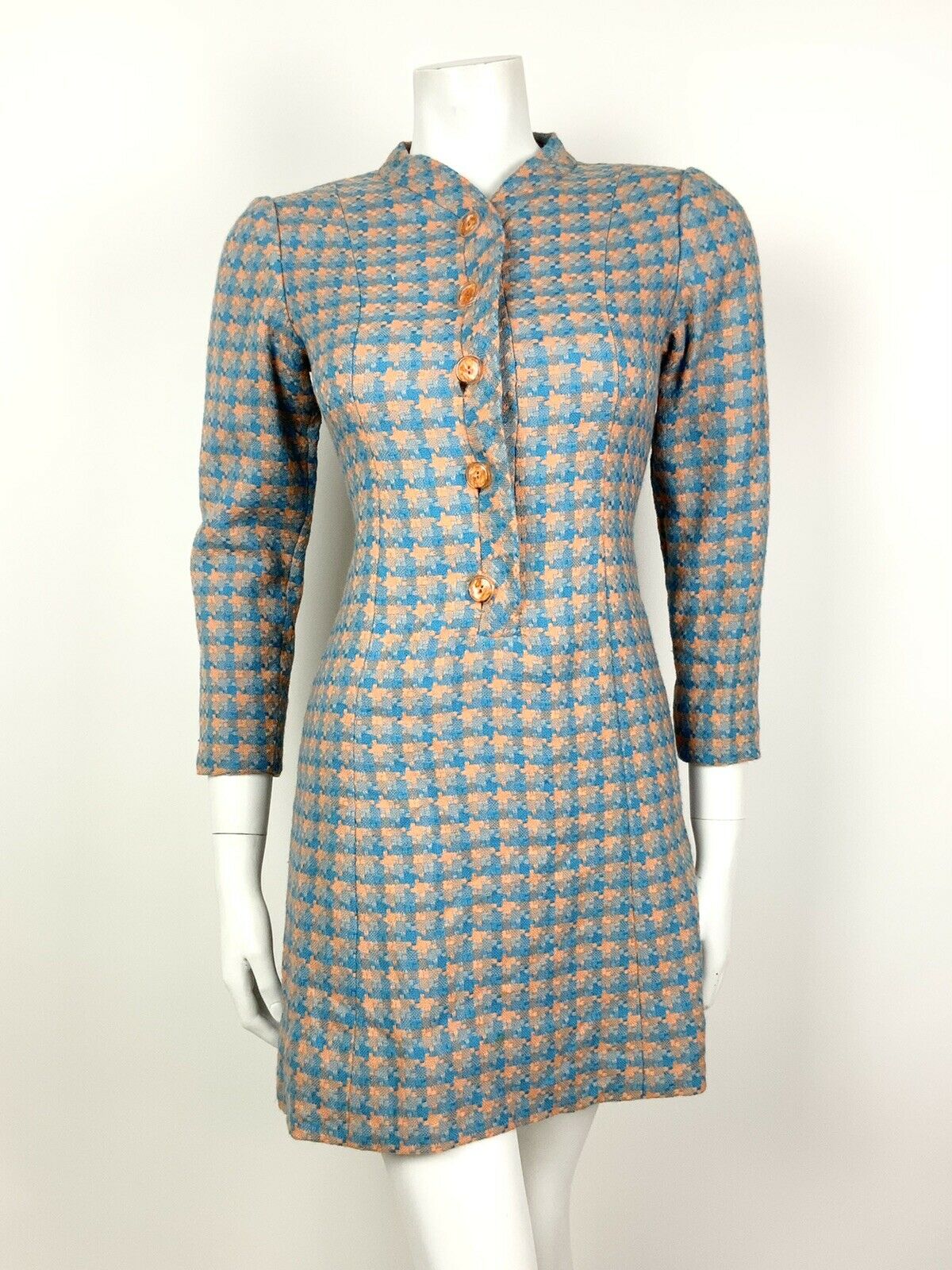 VINTAGE 60s 70s PASTEL ORANGE BLUE CHECKED HOUNDSTOOTH WOOL MOD SHIFT DRESS 8