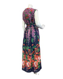 VINTAGE 60s 70s BLUE GREEN RED FLORAL WISTERIA SLEEVELESS MAXI DRESS 18
