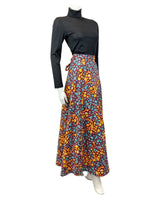 VINTAGE 70s RED BLUE YELLOW PSYCHEDELIC FLORAL BOHO WRAP MAXI SKIRT 10 12 14