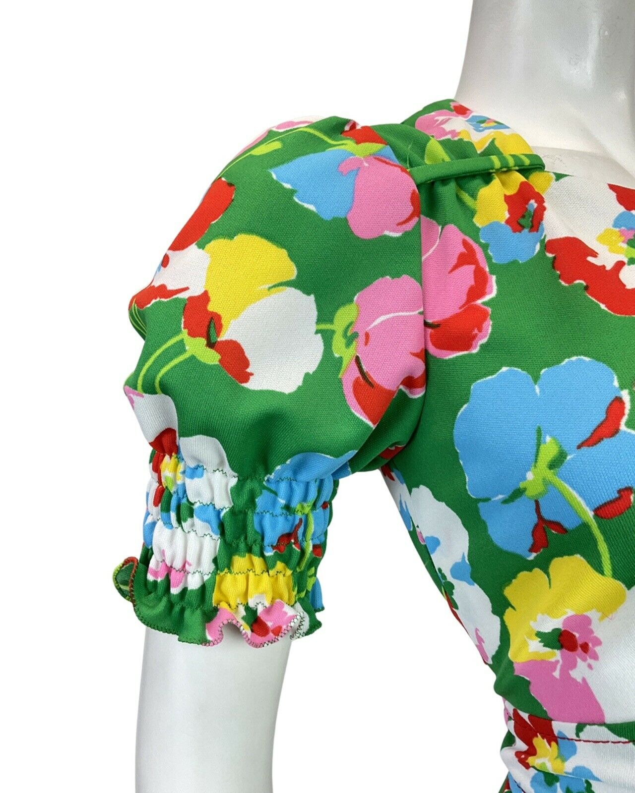 VINTAGE 60s 70s GREEN RED BLUE WHITE FLORAL POPPY PUFF SLEEVE MOD DRESS 10 12