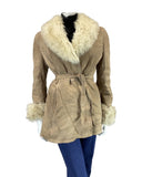 VINTAGE 60s 70s CREAM SAND BROWN BELTED MOD SUEDE SHEARLING WRAP COAT 12 14