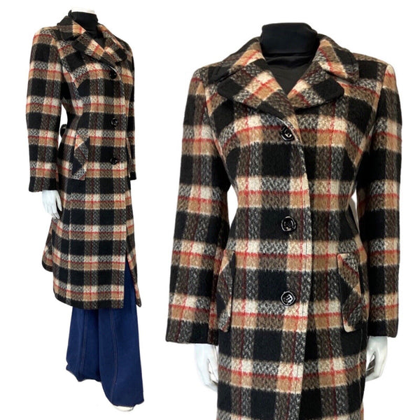 VINTAGE 60s 70s BLACK CREAM RED PLAID CHECKED MOD WOOL COAT 16