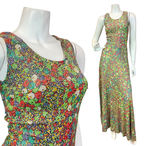 VINTAGE 60s 70s GREEN PURPLE RED SILVER PSYCHEDELIC FLORAL LUREX MAXI DRESS 6