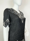 VTG 70s 80s BLACK SILVER SQUIGGLE FLORAL BROCADE PARTY SEQUIN BLOUSE TOP 24 26