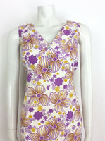 60S VINTAGE WHITE PURPLE TEXTURED PSYCHEDELIC FLORAL SLEEVELESS DRESS 16 18