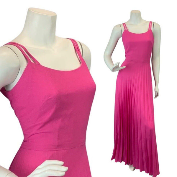 VINTAGE 60s 70s HOT BARBIE PINK STRAPPY MOD SLEEVELESS PLEATED MAXI DRESS 8