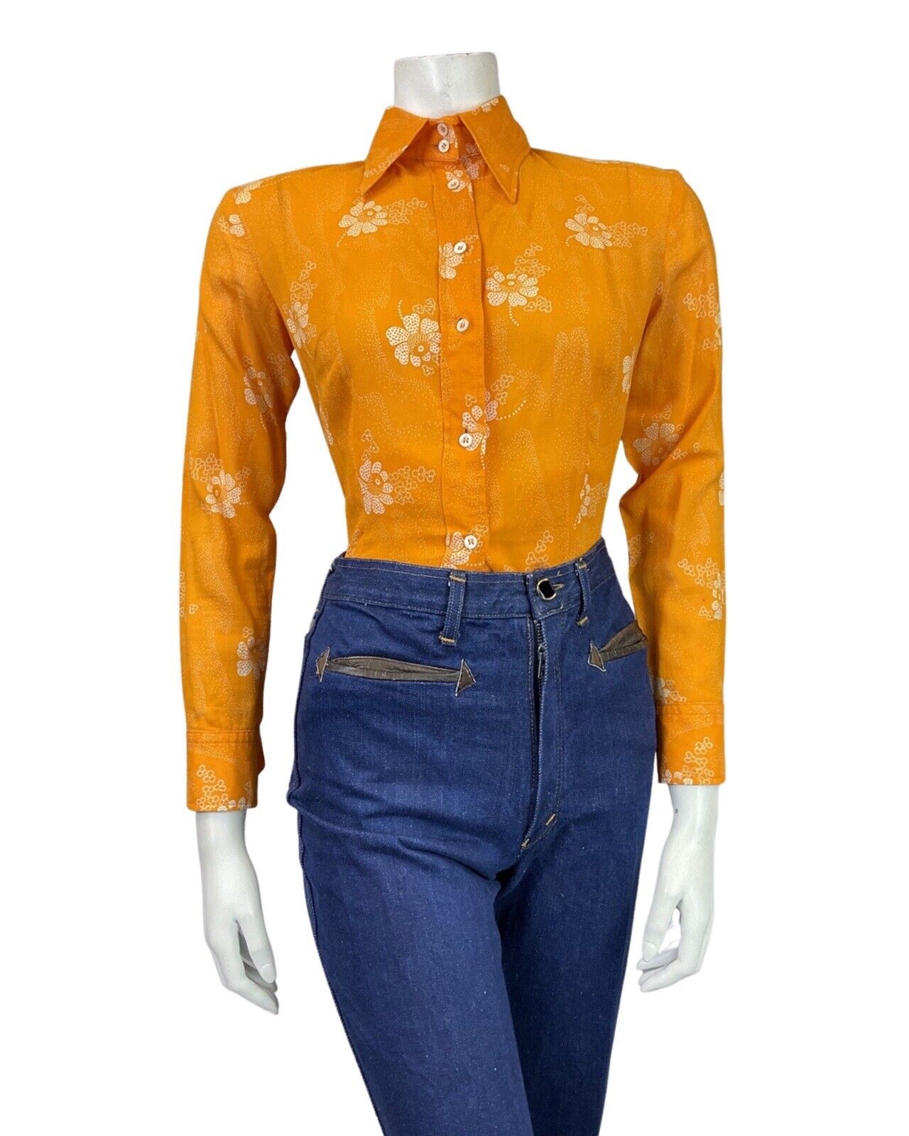 VINTAGE 60s 70s BRIGHT ORANGE WHITE FLORAL DOTTY MOD DAGGER COLLAR SHIRT 8 10