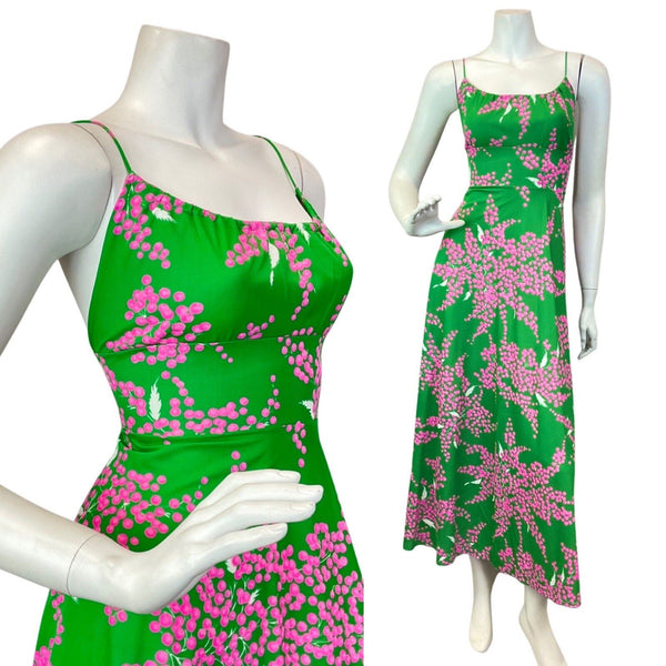 VINTAGE 60s 70s APPLE GREEN PINK FLORAL BLOSSOM SPAGHETTI STRAP MAXI DRESS 8