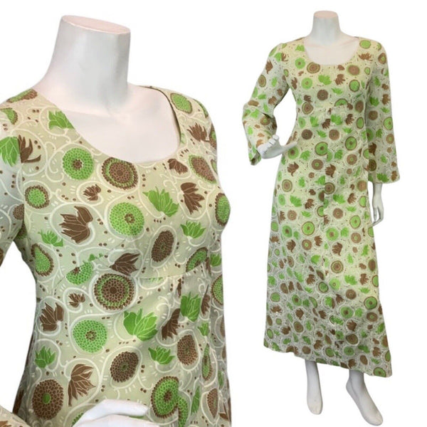 VINTAGE 60s 70s GREEN CREAM BROWN LEAFY VINE FLORAL MOD BOHO SHEER MAXI DRESS 12